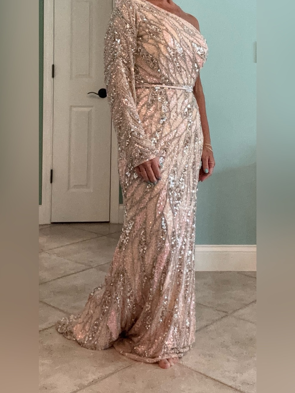 Mac Duggal Pink Beaded and Sequined One Shoulder Long Sleeved Evening Gown 0